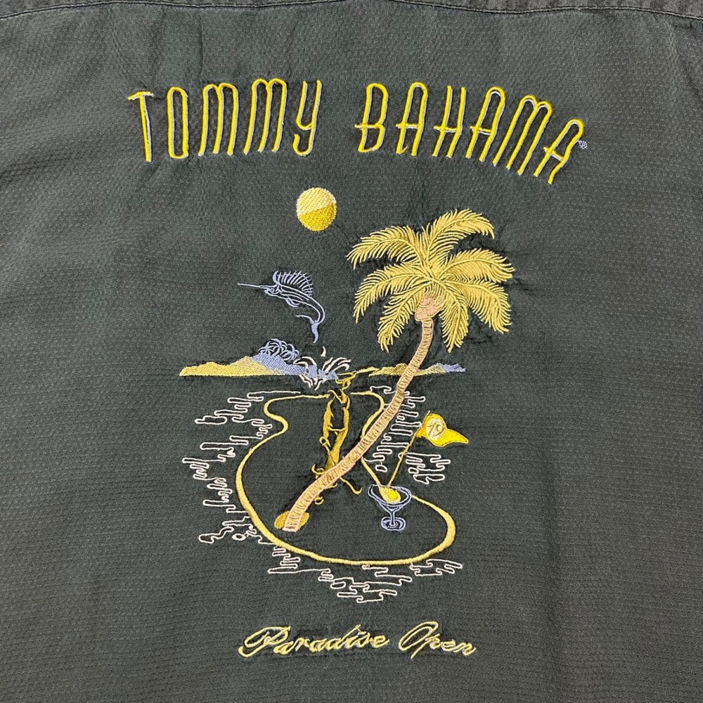 Tommy Bahama Silk Shirt Mens XL Black Paradise Open Golf Tropical Embroidered